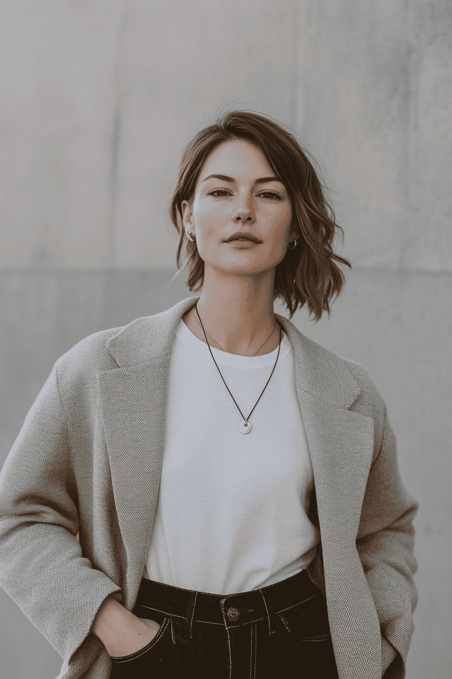 Confident woman in beige blazer and jeans poses against neutral textured background, modern fashion style.
