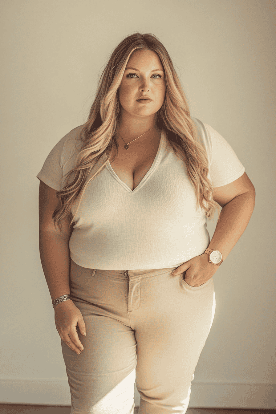 Confident young woman in neutral fashion, beige pants and v-neck top, stylish minimalist accessories.