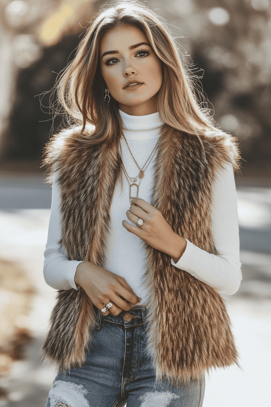 Stylish young woman in outdoor setting wearing white sweater, faux fur vest, and gold necklaces.