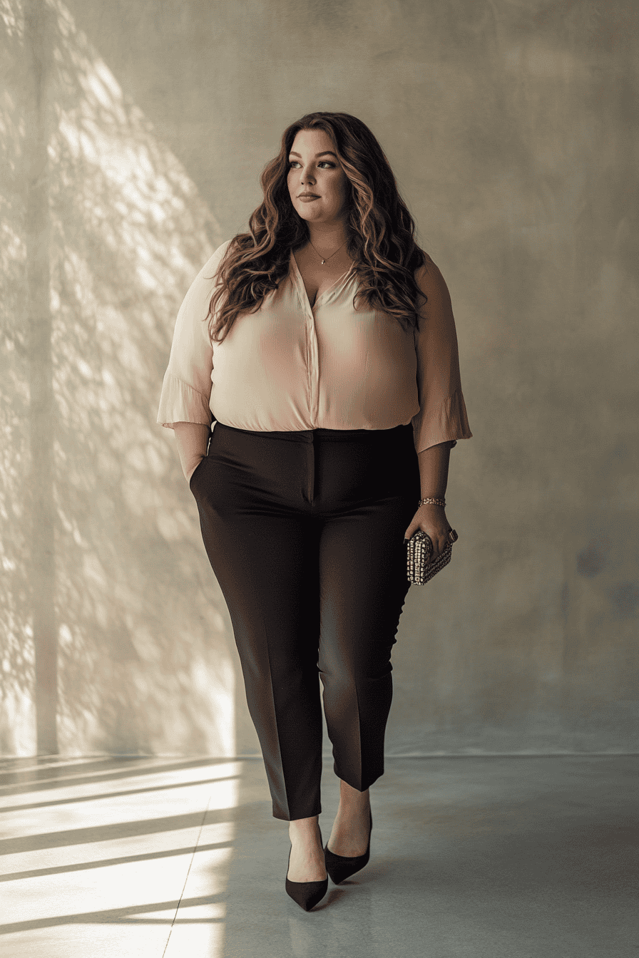 Confident woman in stylish professional outfit with black pants, blush blouse, and elegant accessories.