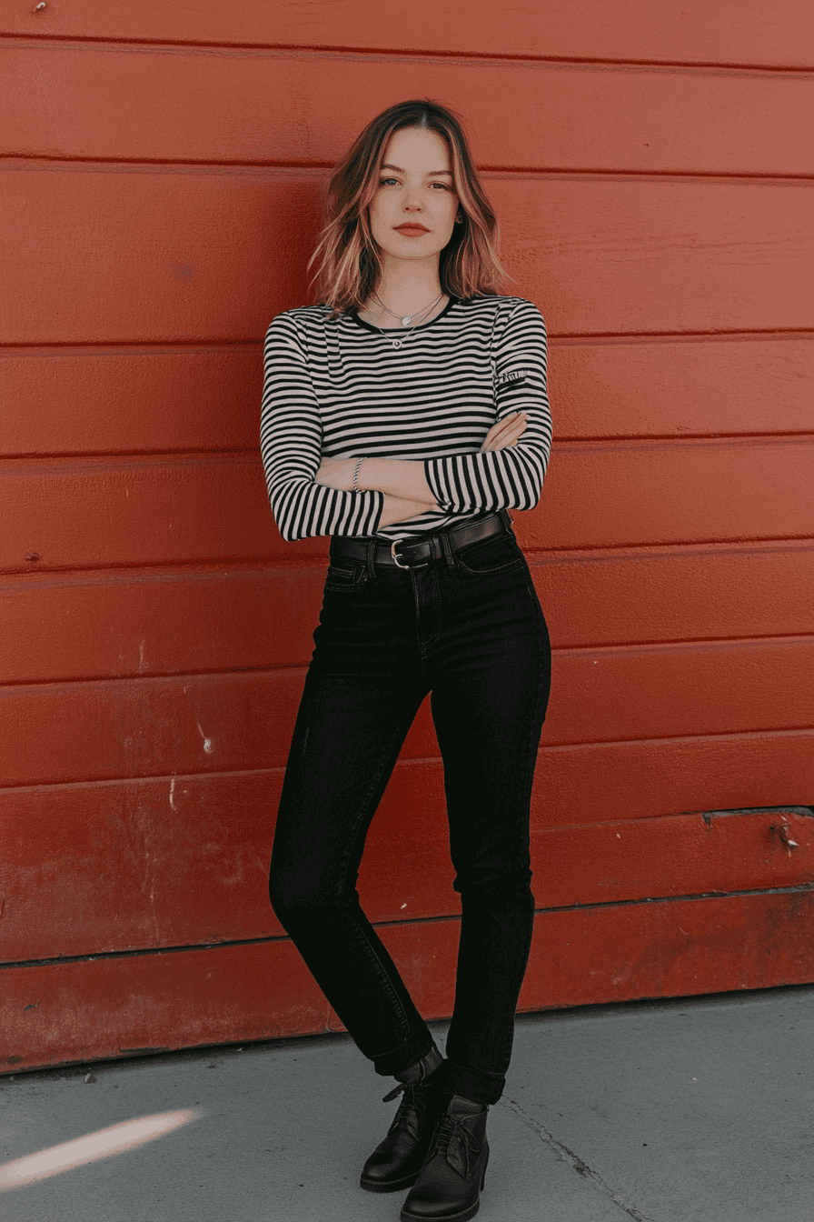 Confident young woman in black and white striped shirt poses against vibrant red urban wall.