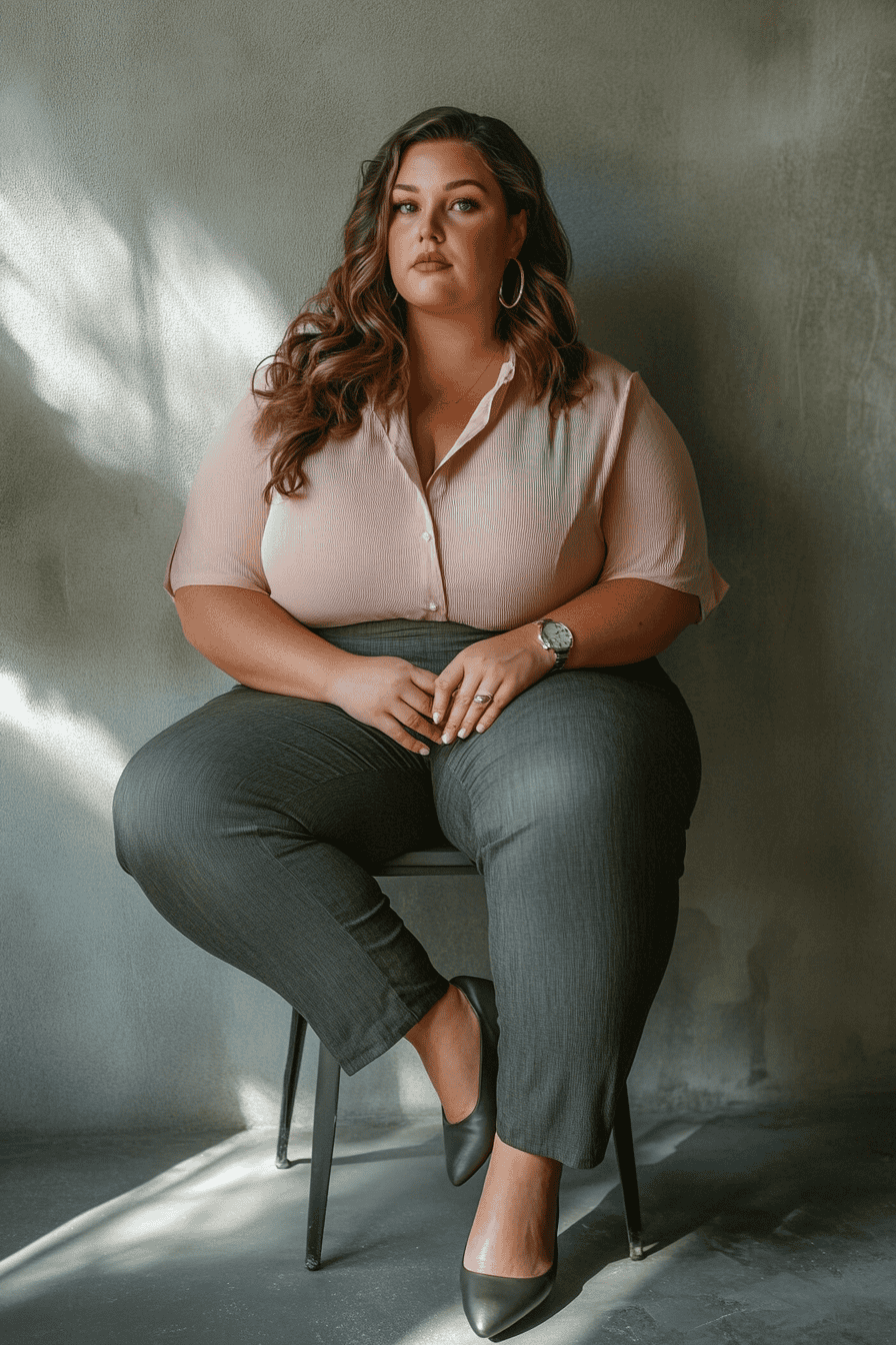 Confident woman in elegant pink blouse and pinstriped pants seated against a modern gray wall.