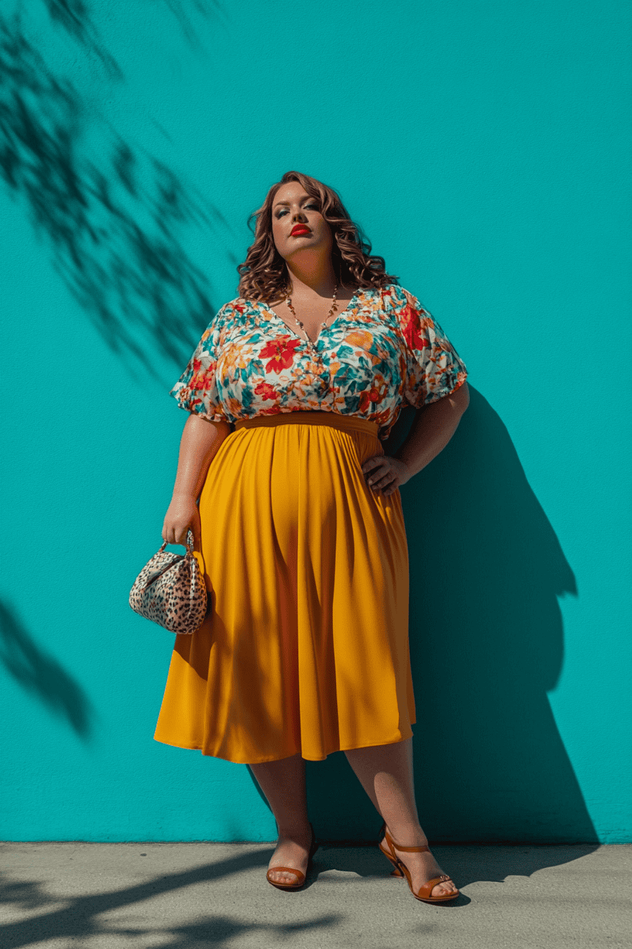Confident woman in vibrant floral top and yellow skirt stands against turquoise wall, summer fashion style.