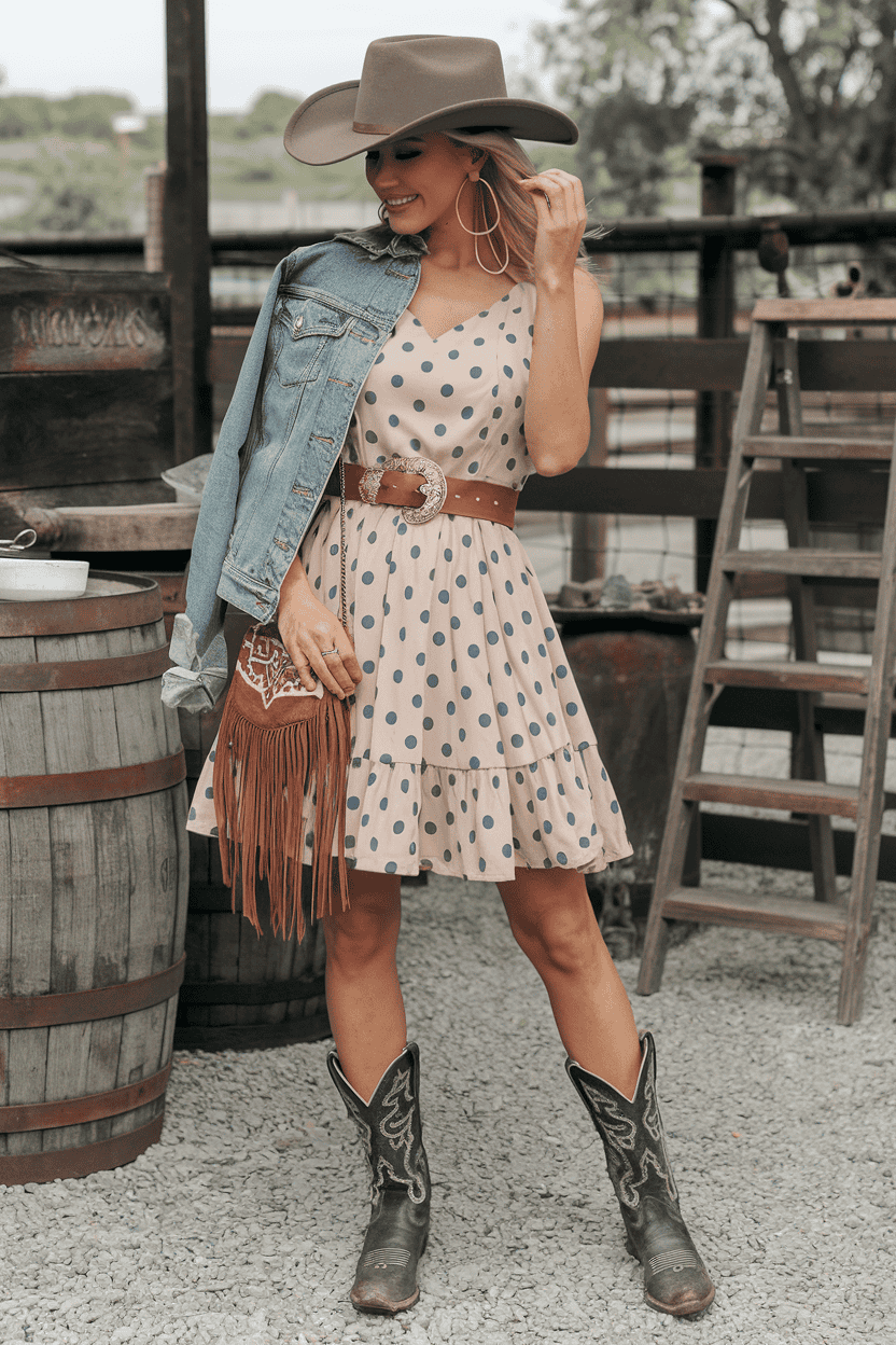 Charming woman in a country-chic outfit with denim jacket, polka dot dress, and cowboy boots.