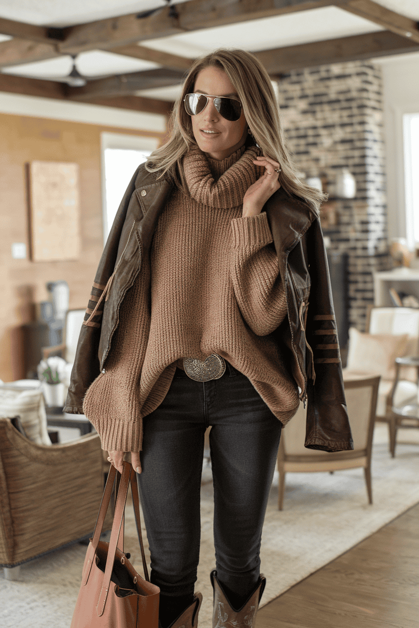 Stylish individual in cozy beige turtleneck and leather jacket poses in modern interior.