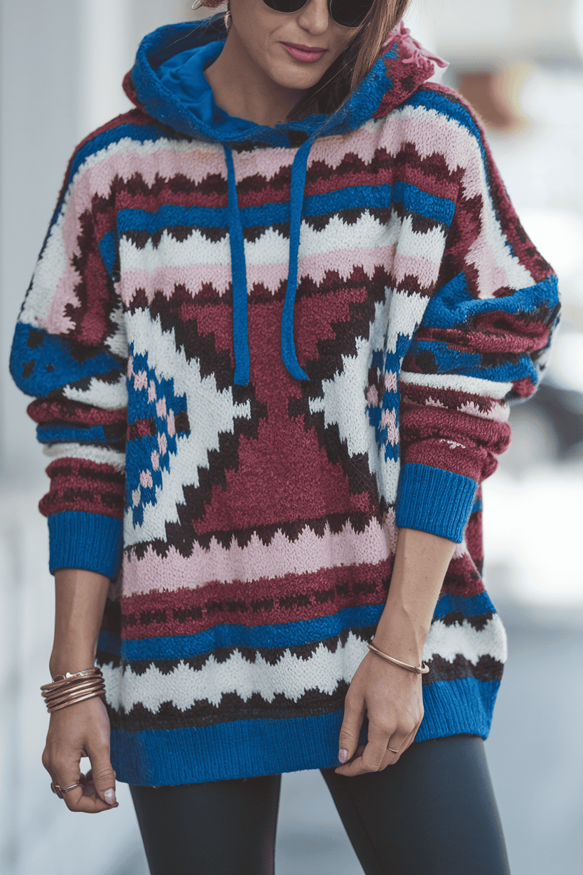 Young woman in cozy oversized sweater with vibrant colors and geometric patterns, stylishly accessorized.