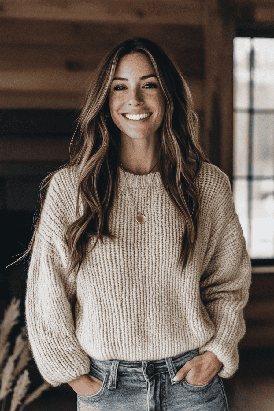 Smiling woman in beige chunky knit sweater and jeans, cozy indoor setting, rustic wooden background.