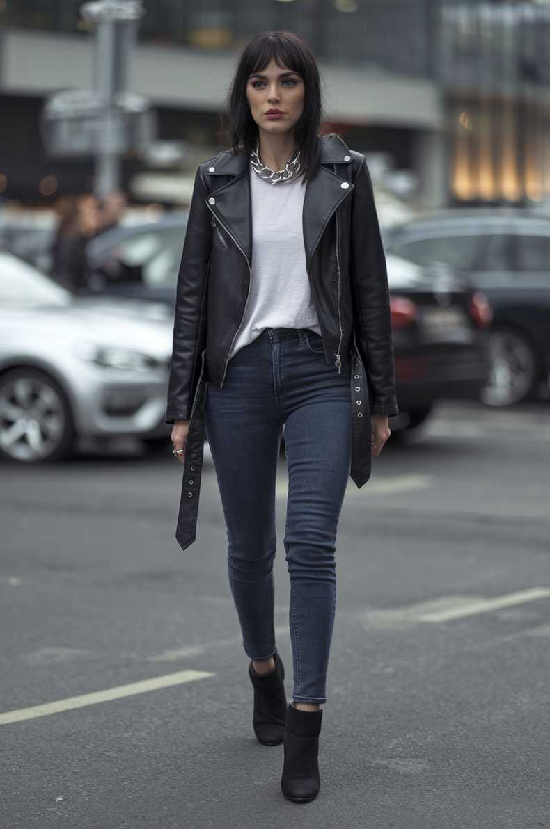 Young woman in a leather jacket and jeans confidently walks in a bustling city street.