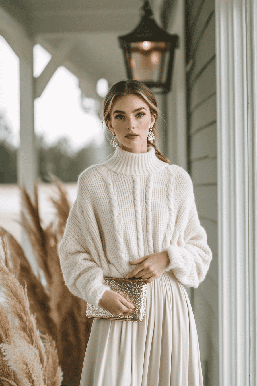 Woman in cable knit sweater and beige skirt holding gold clutch in outdoor setting.