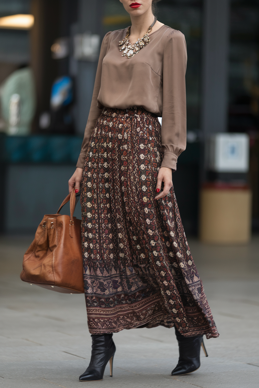 Stylish woman in elegant taupe blouse and floral maxi skirt, showcasing urban fashion sophistication.