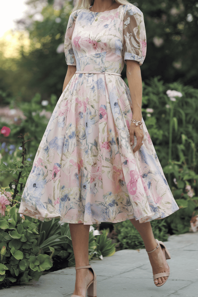 Elegant floral-print dress in a lush garden, embodying grace and romantic style.