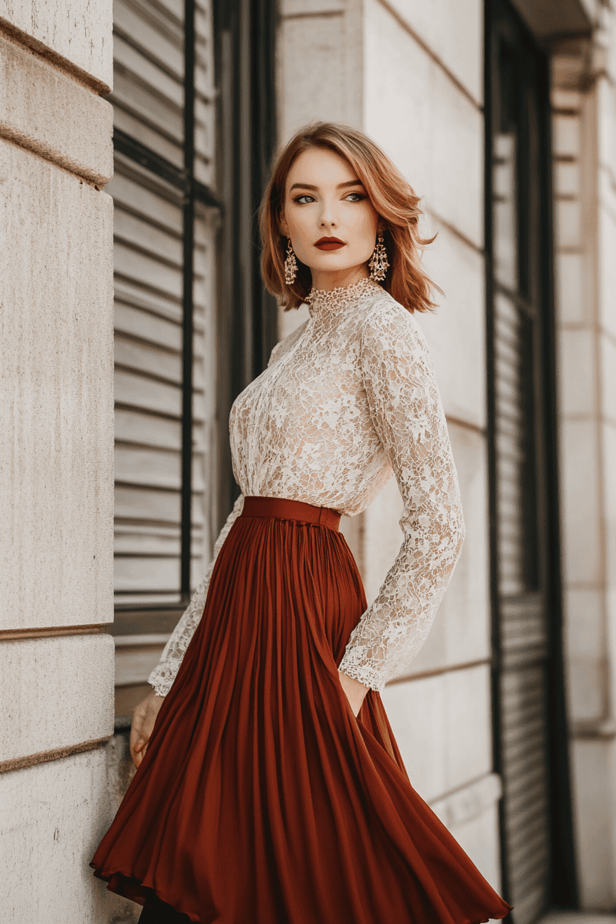 Chic fashion model in lace blouse and pleated skirt posing by stone wall in sunlight.