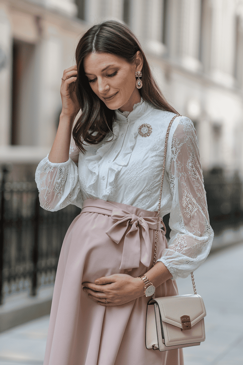Stylish pregnant woman in elegant maternity outfit smiles on city street, showcasing modern fashion.