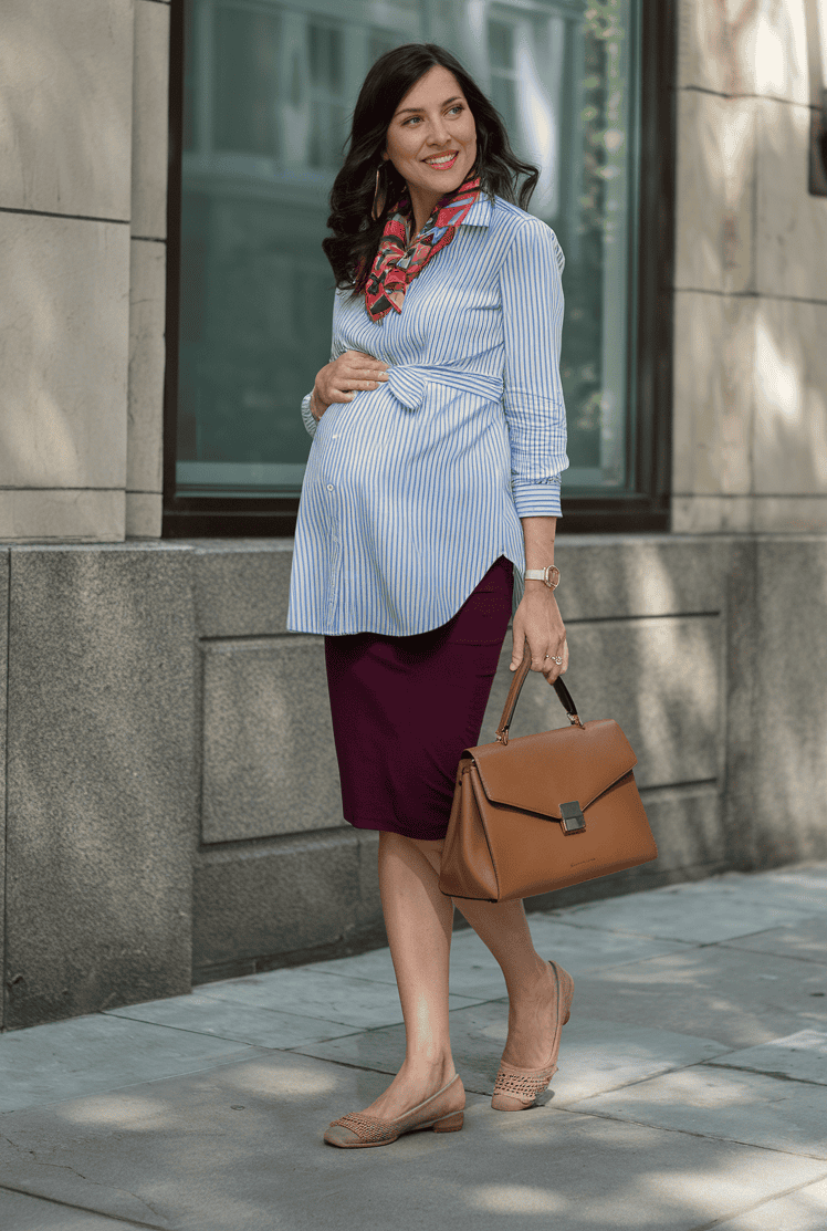 Stylish pregnant woman in urban setting, wearing chic attire and accessories, enjoying a sunny day.