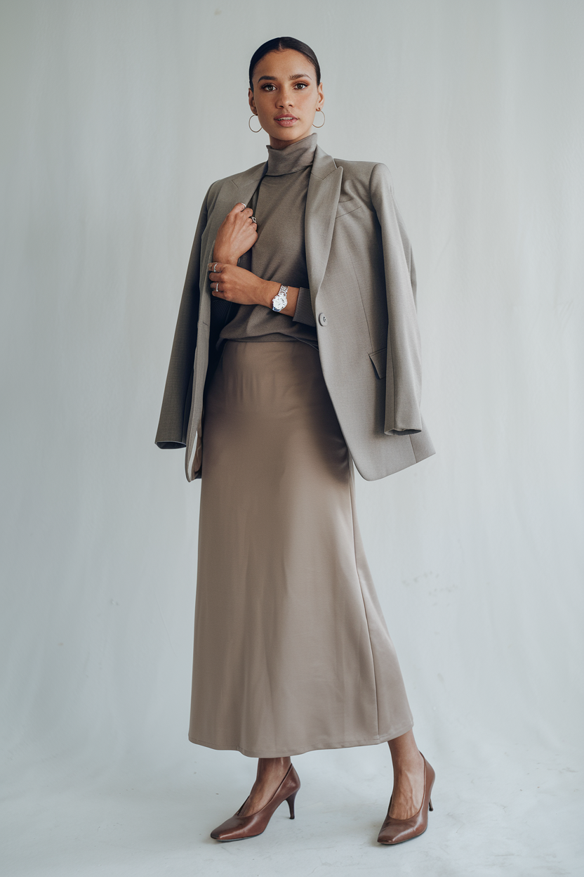 Elegant professional portrait of a woman in a stylish gray blazer and midi skirt.