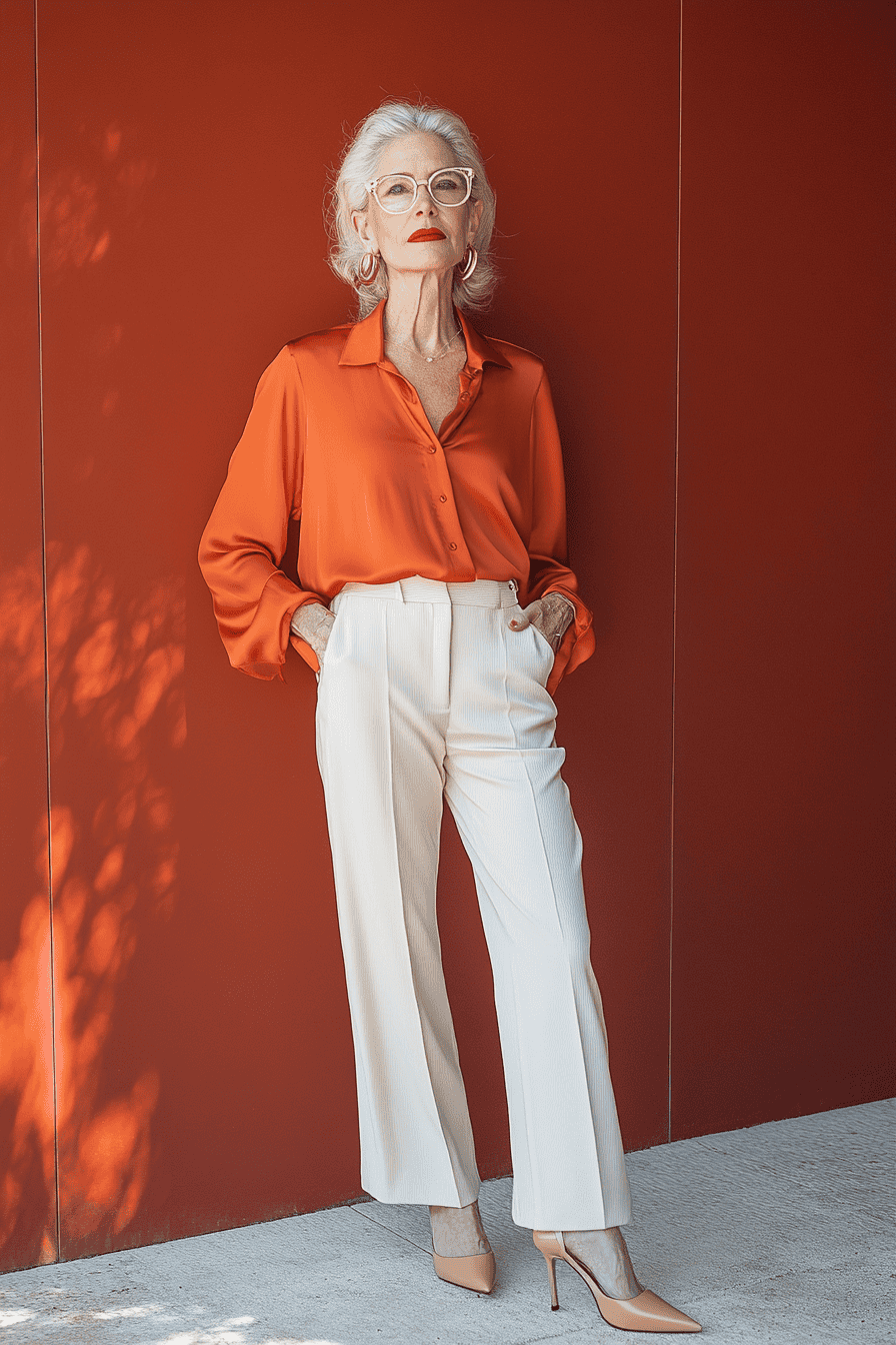 Stylish senior woman in orange blouse and cream pants poses confidently against warm red background.