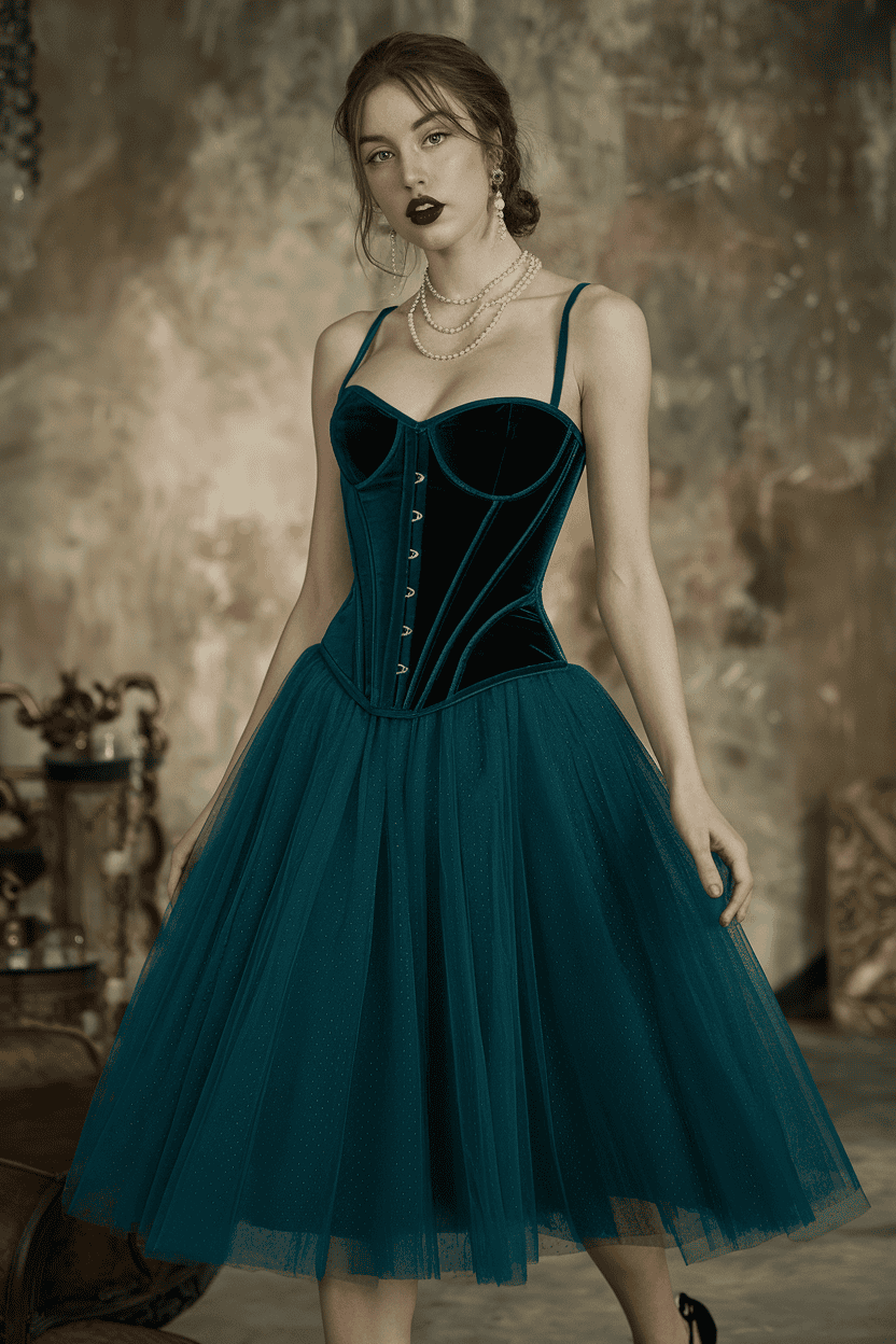 Elegant teal vintage gown with a fitted velvet bodice and flowing tulle skirt.