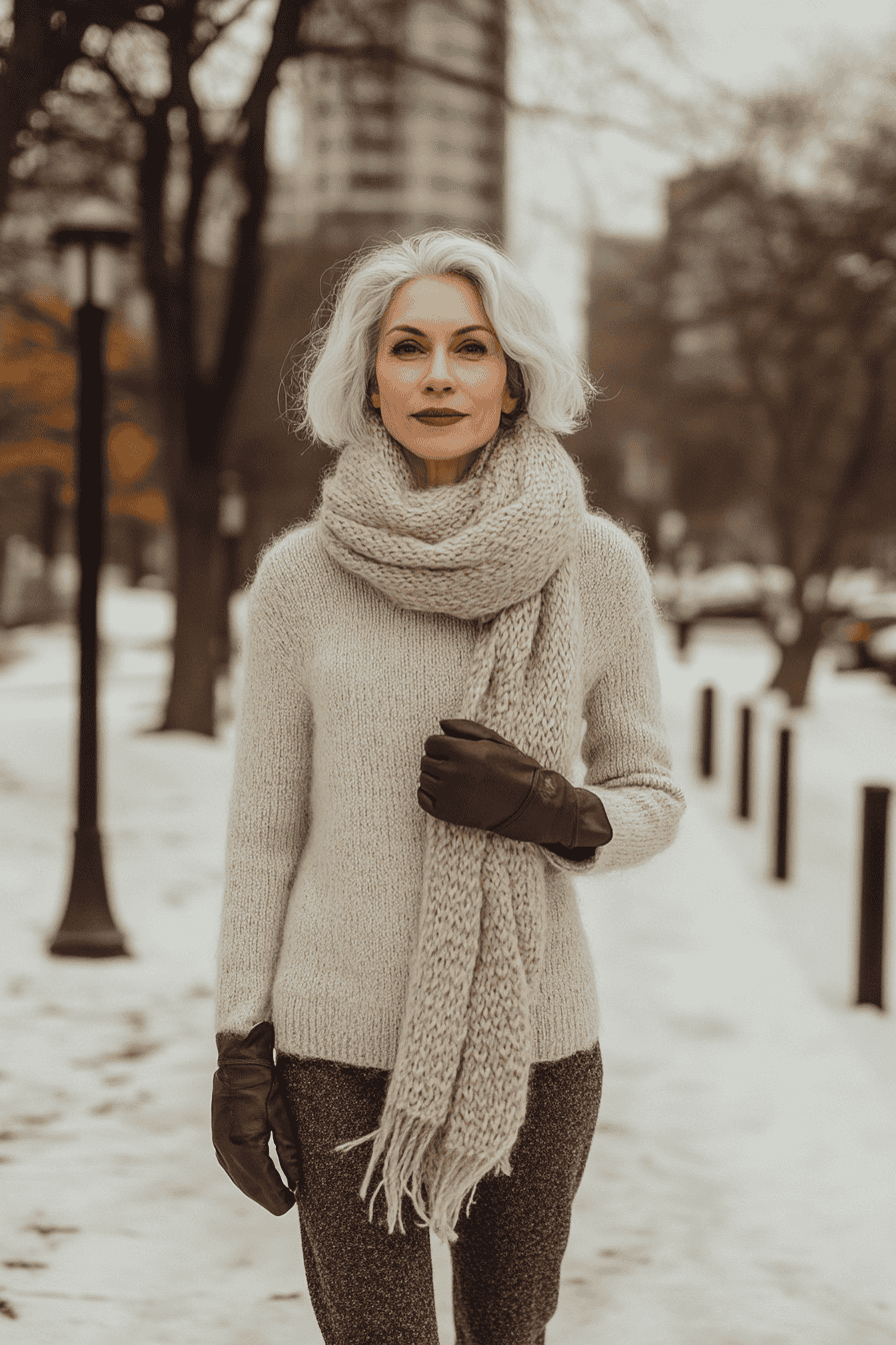 Stylish woman in winter fashion with cream sweater, scarf, and gloves in snowy urban setting.