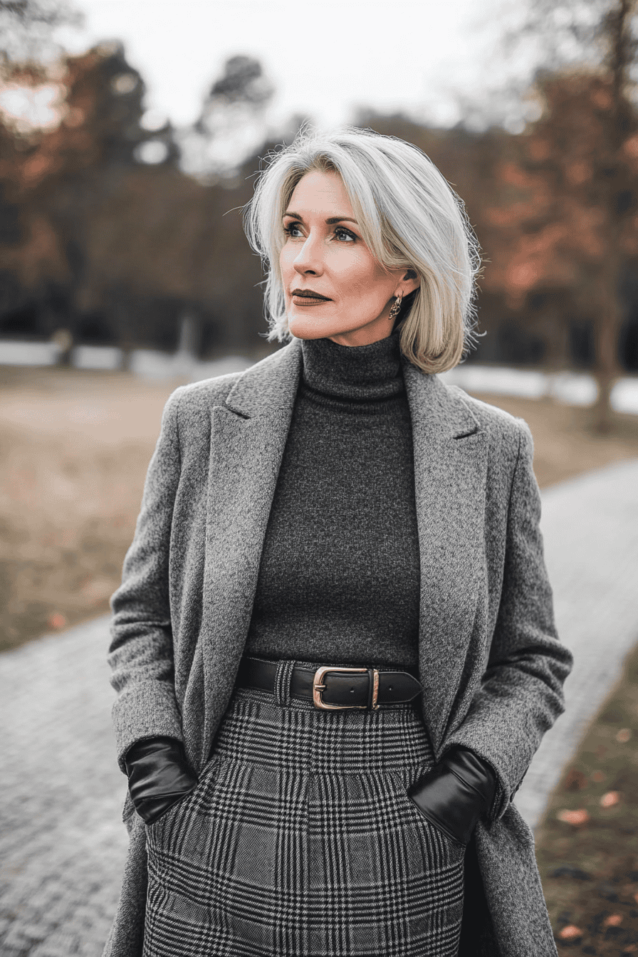 Stylish woman in gray coat and plaid skirt posing outdoors during autumn evening.