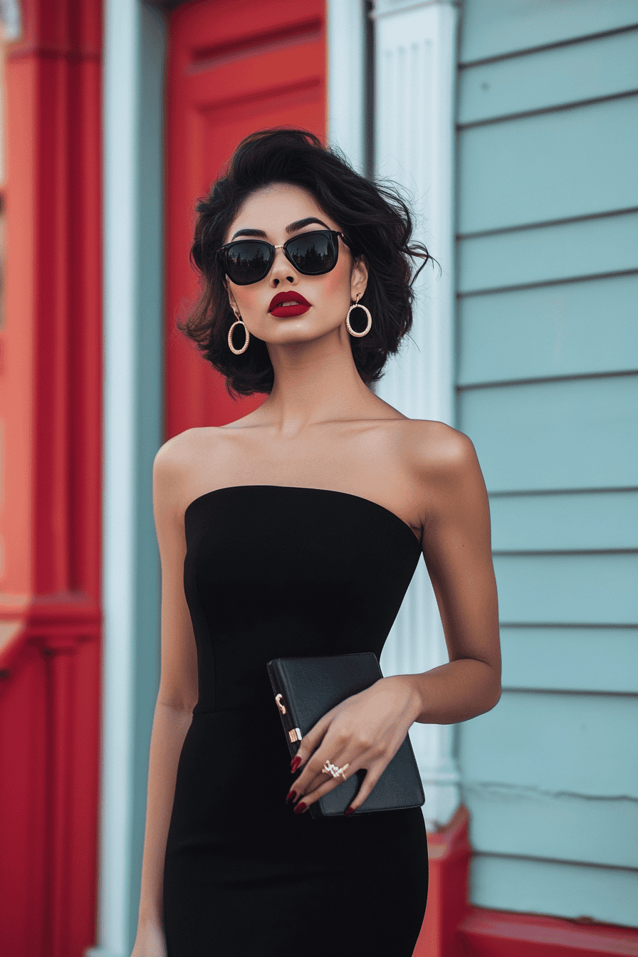 Stylish woman in black dress with red lipstick, gold hoops, and sunglasses in colorful urban setting.