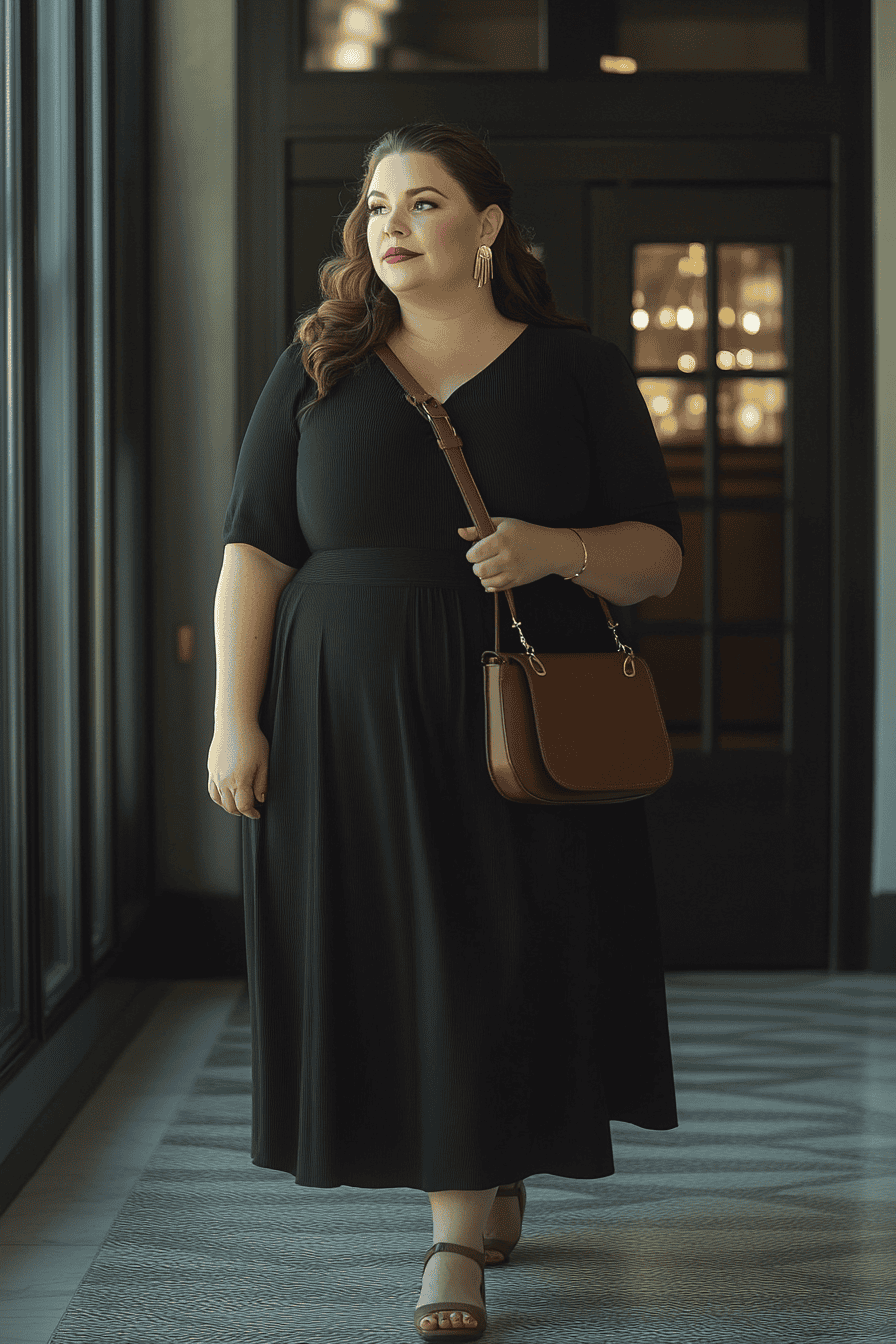 Stylish woman in black ribbed midi dress walking indoors with brown handbag, modern elegant interior.