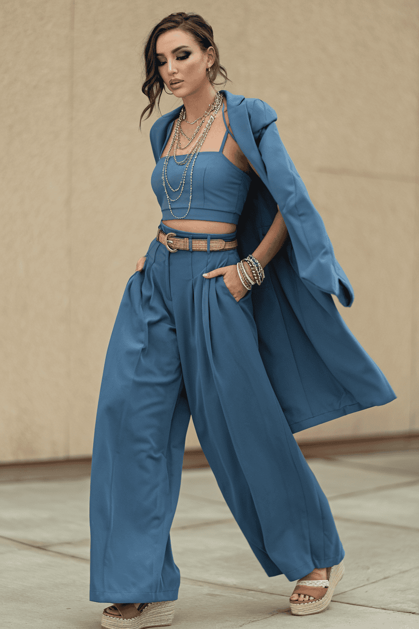 Stylish woman in chic light blue outfit with layered accessories, showcasing modern fashion elegance.