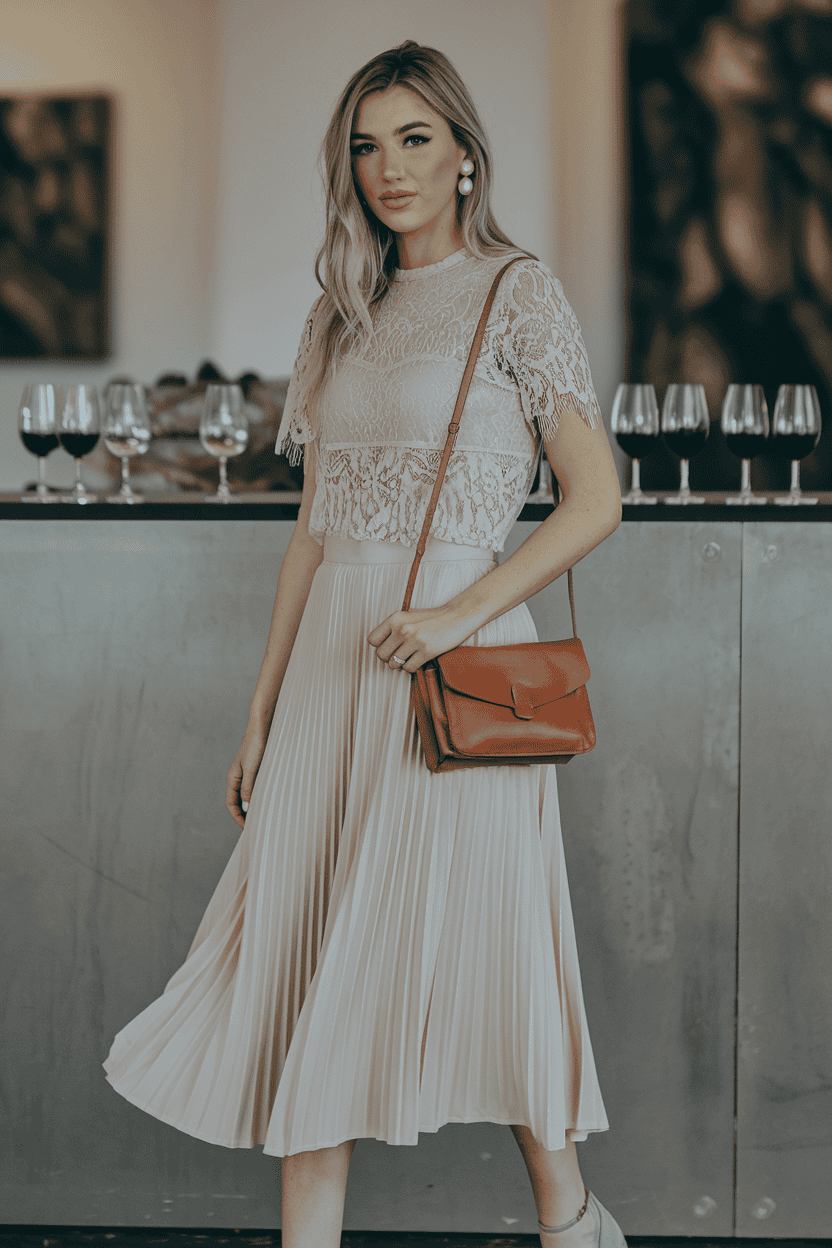 Sophisticated woman in blush outfit stands elegantly by a modern bar, showcasing style and grace.
