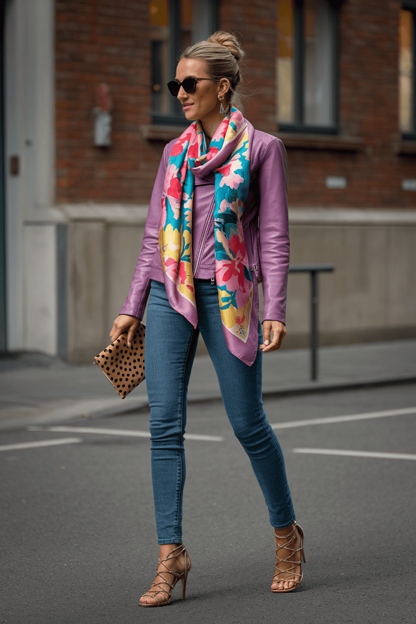 Fashionable woman in lavender jacket and heels walking confidently on city street.