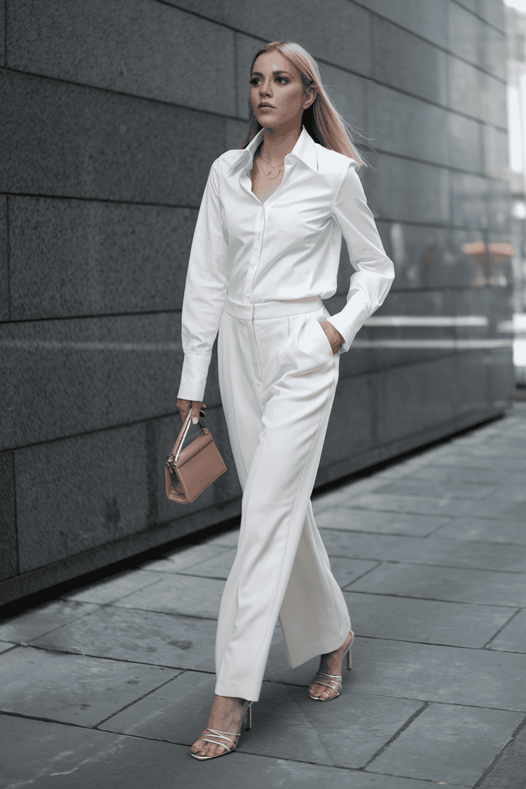 Elegant woman in modern attire strolling through a chic urban landscape with confidence.