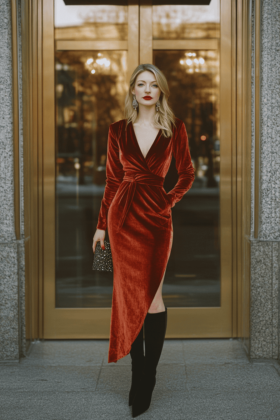 Elegant woman in red velvet dress and black boots poses before luxurious golden doors.