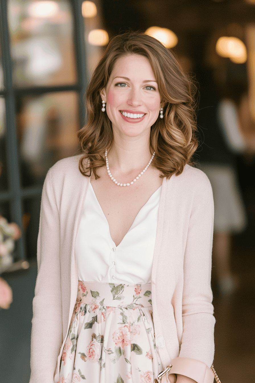 Stylish woman in floral skirt and pearls smiling indoors with elegant pink cardigan.