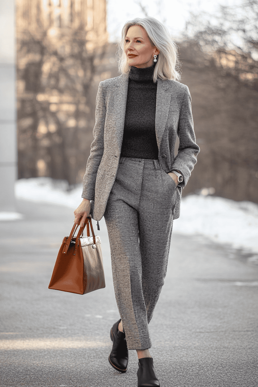 Chic woman in gray suit walking in snowy city street, stylish winter fashion outfit and handbag.