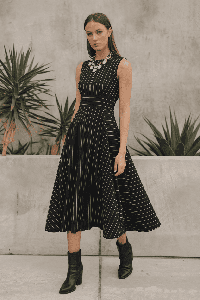 Model in an elegant black dress with white stripes, surrounded by greenery and textured wall.