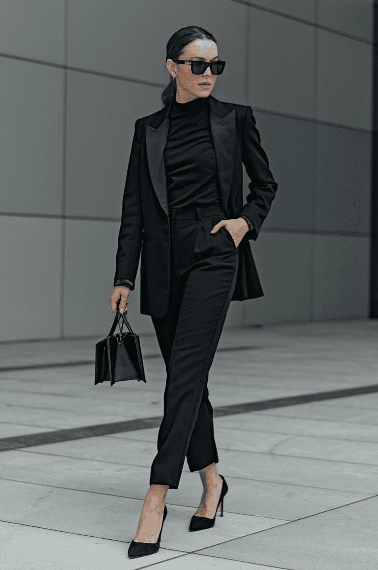 Sophisticated woman in black suit exudes confidence in a modern urban office environment.