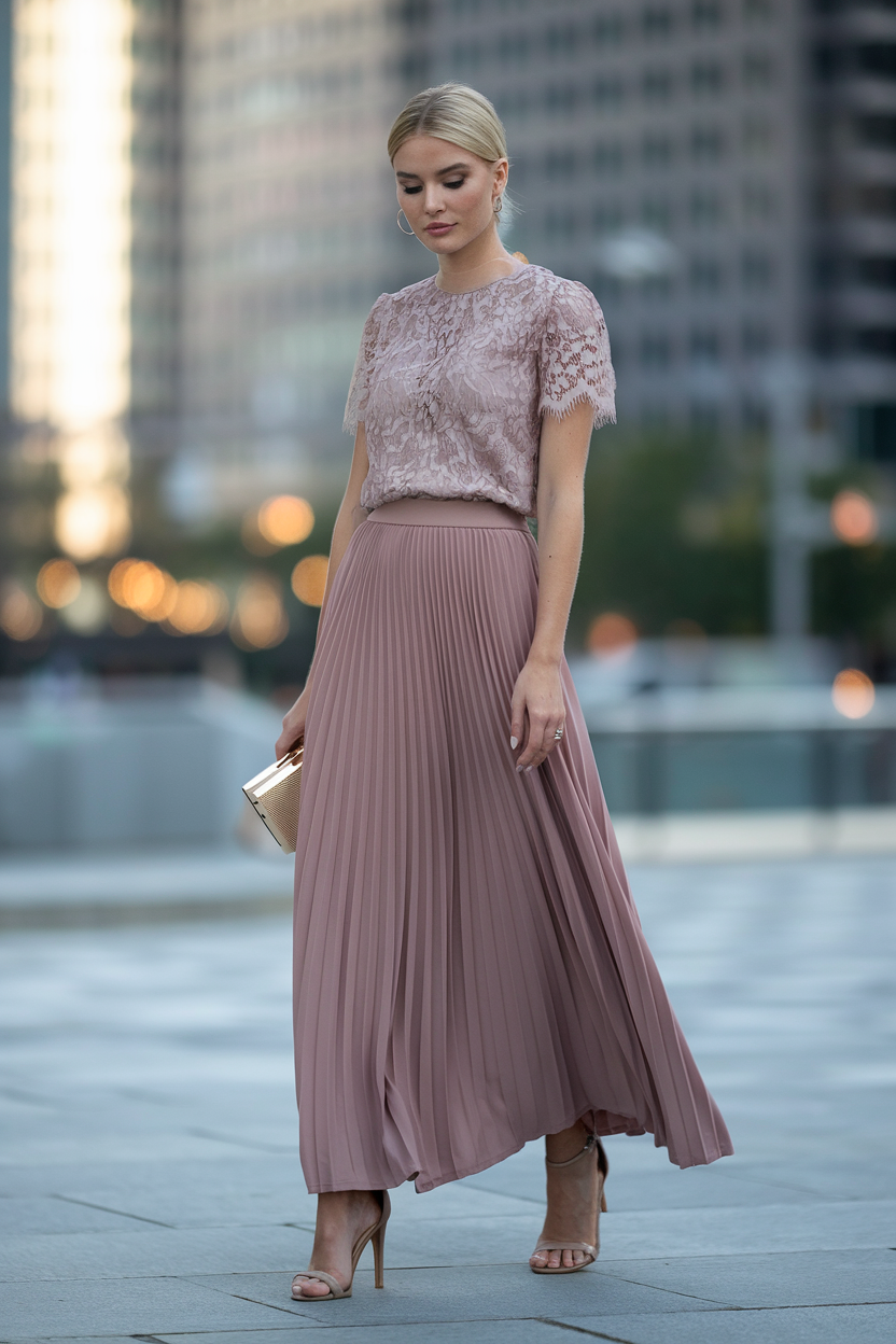 Elegant woman in blush lace top and flowing skirt stands confidently in an urban setting.