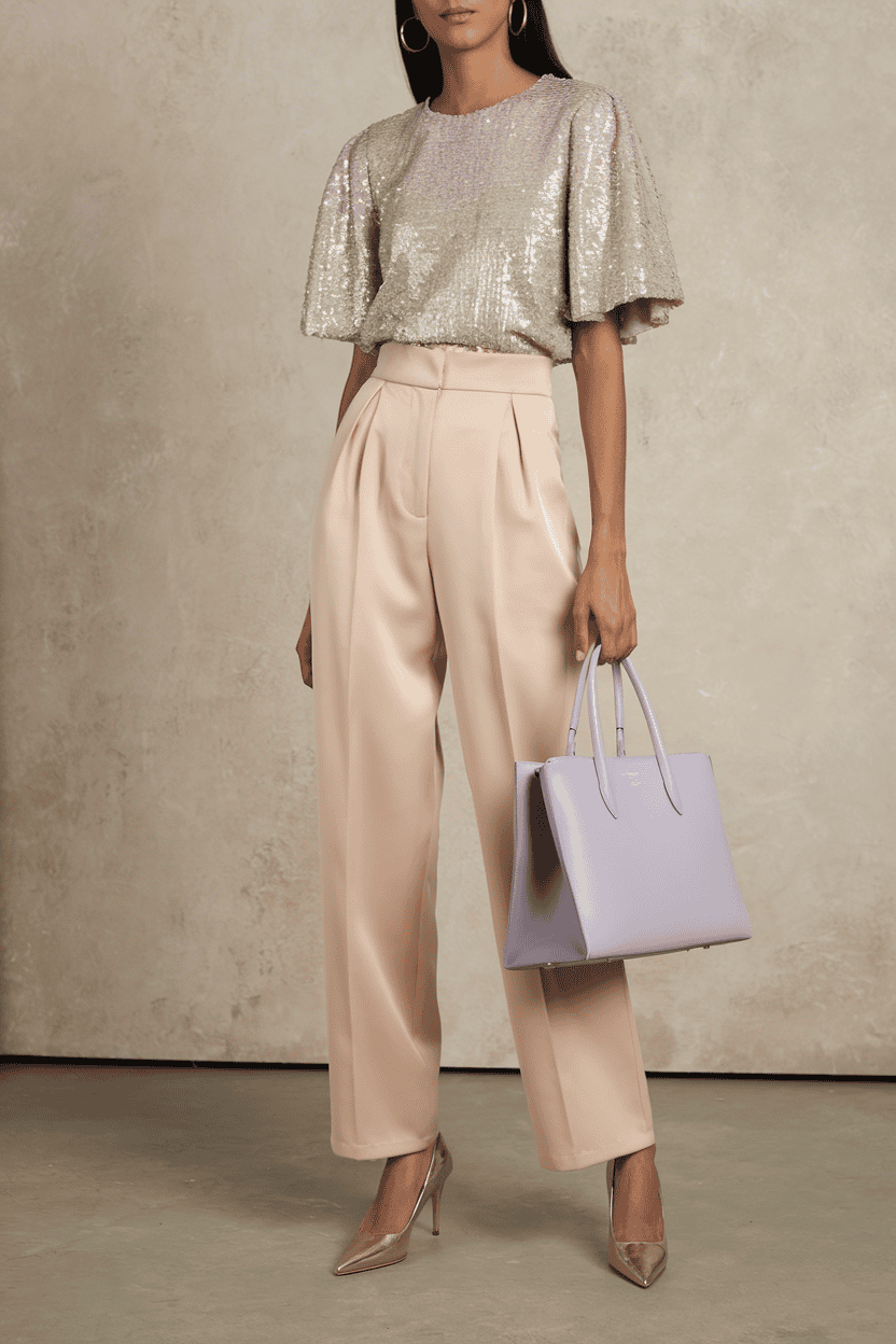 Stylish woman in sequined top and beige wide-leg trousers, complemented by gold stiletto heels.