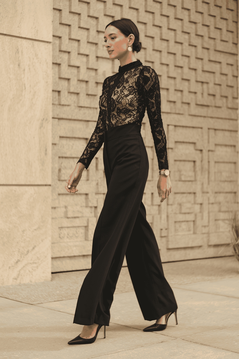 Confident woman in lace bodysuit and high-waisted trousers walking against a geometric wall.