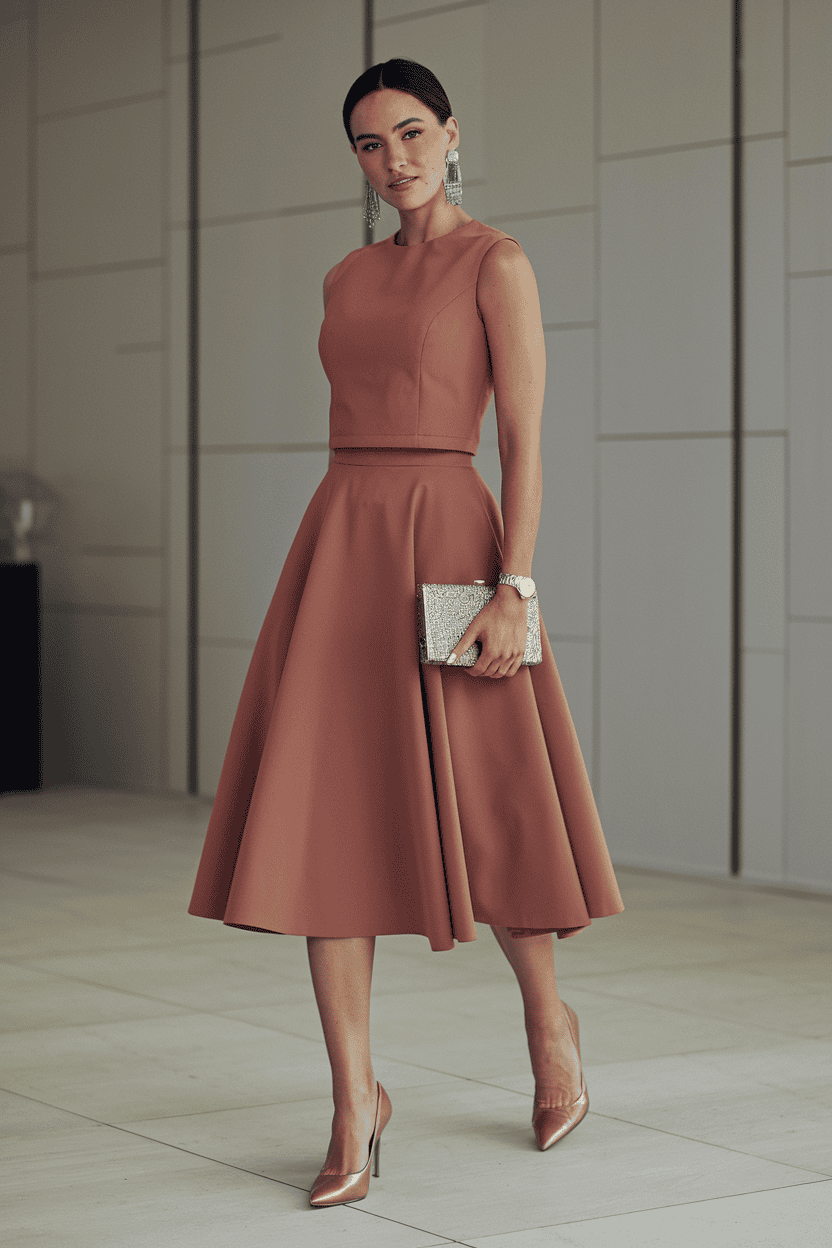 Elegant woman in a coral dress with accessories, posing confidently indoors.