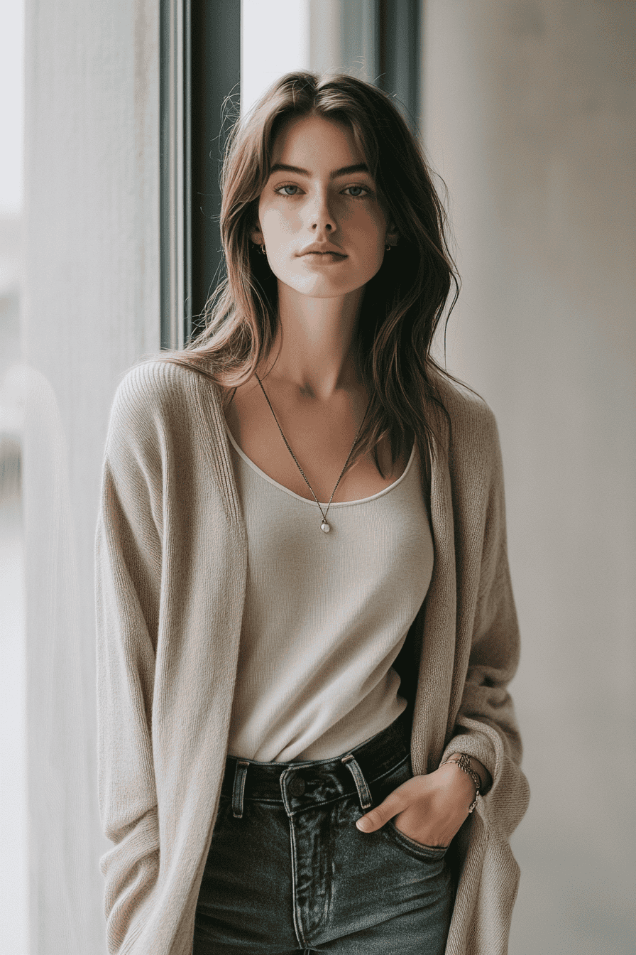 Minimalist fashion portrait of elegant young woman in beige cardigan with natural makeup and soft lighting.