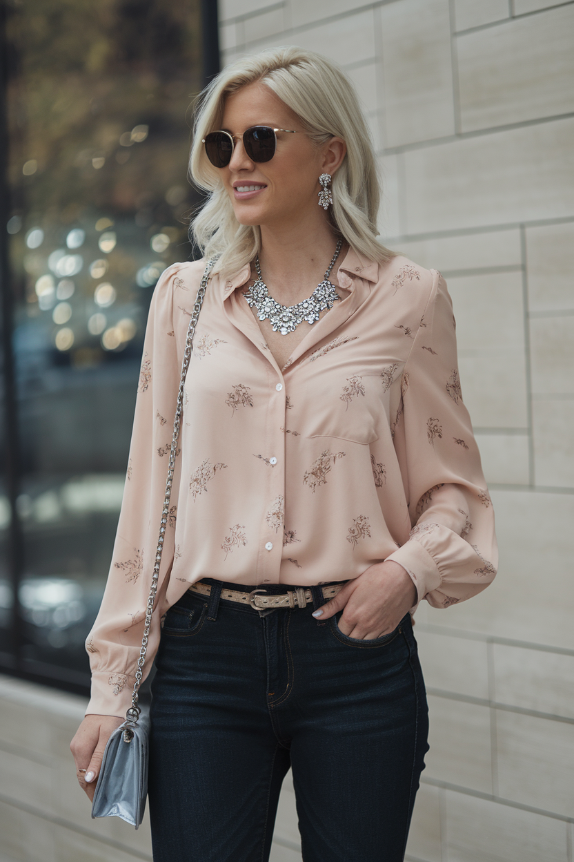 Stylish woman in blush blouse and dark jeans poses confidently against modern architecture backdrop.