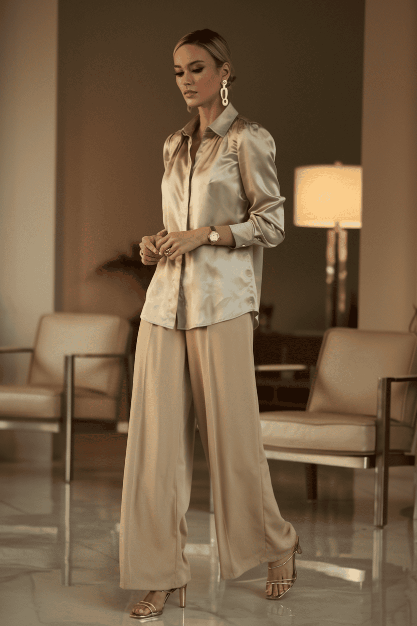 Stylish woman in sophisticated outfit poses elegantly in modern interior with chic decor.