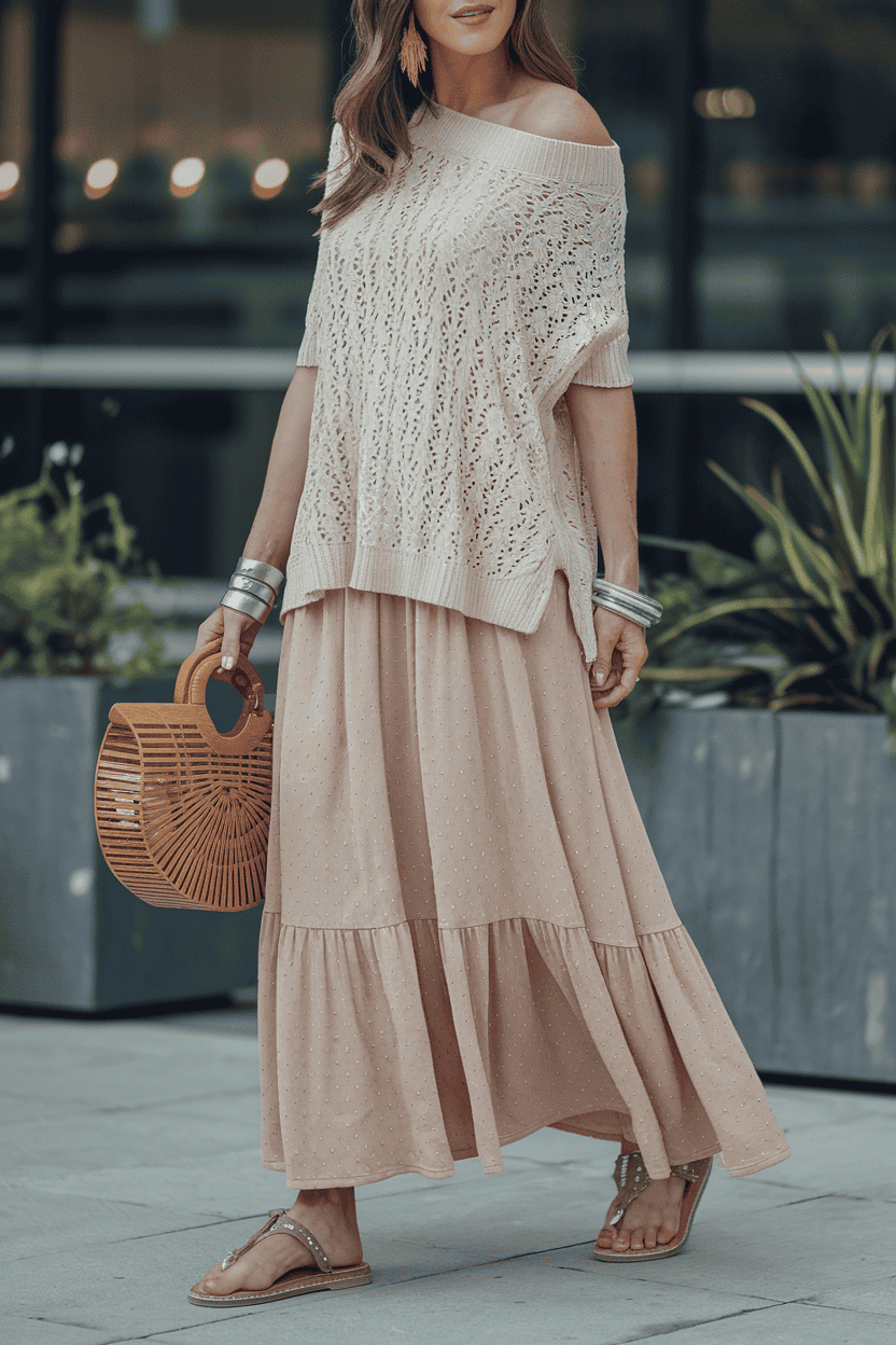Stylish woman in off-the-shoulder sweater and skirt poses casually in urban outdoor setting.