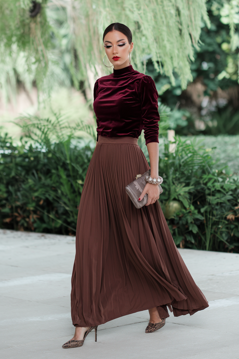 Elegant woman in burgundy outfit walks gracefully outdoors amidst lush greenery and soft lighting.