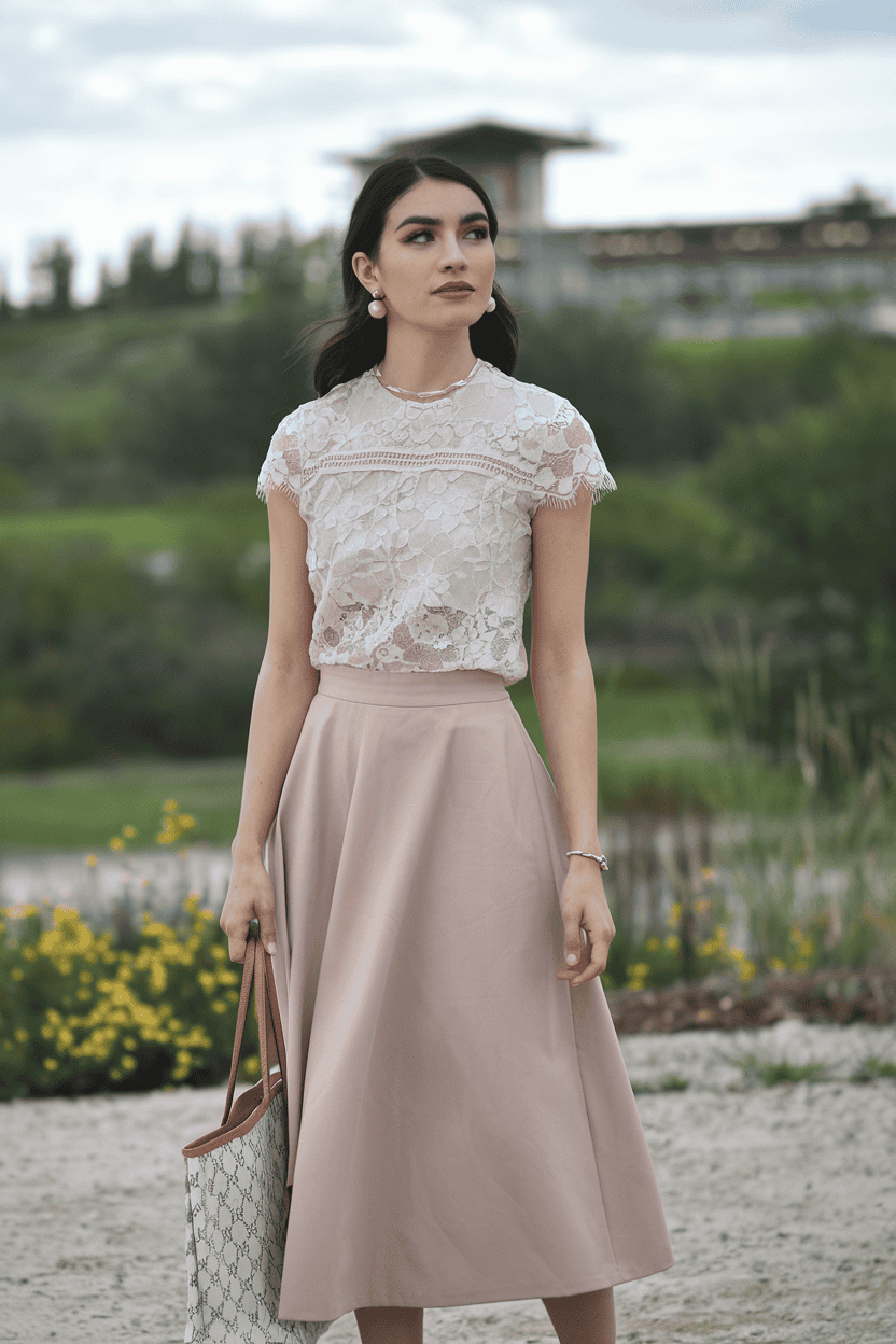 Elegant woman in a lace blouse and midi skirt, enjoying nature and urban beauty outdoors.