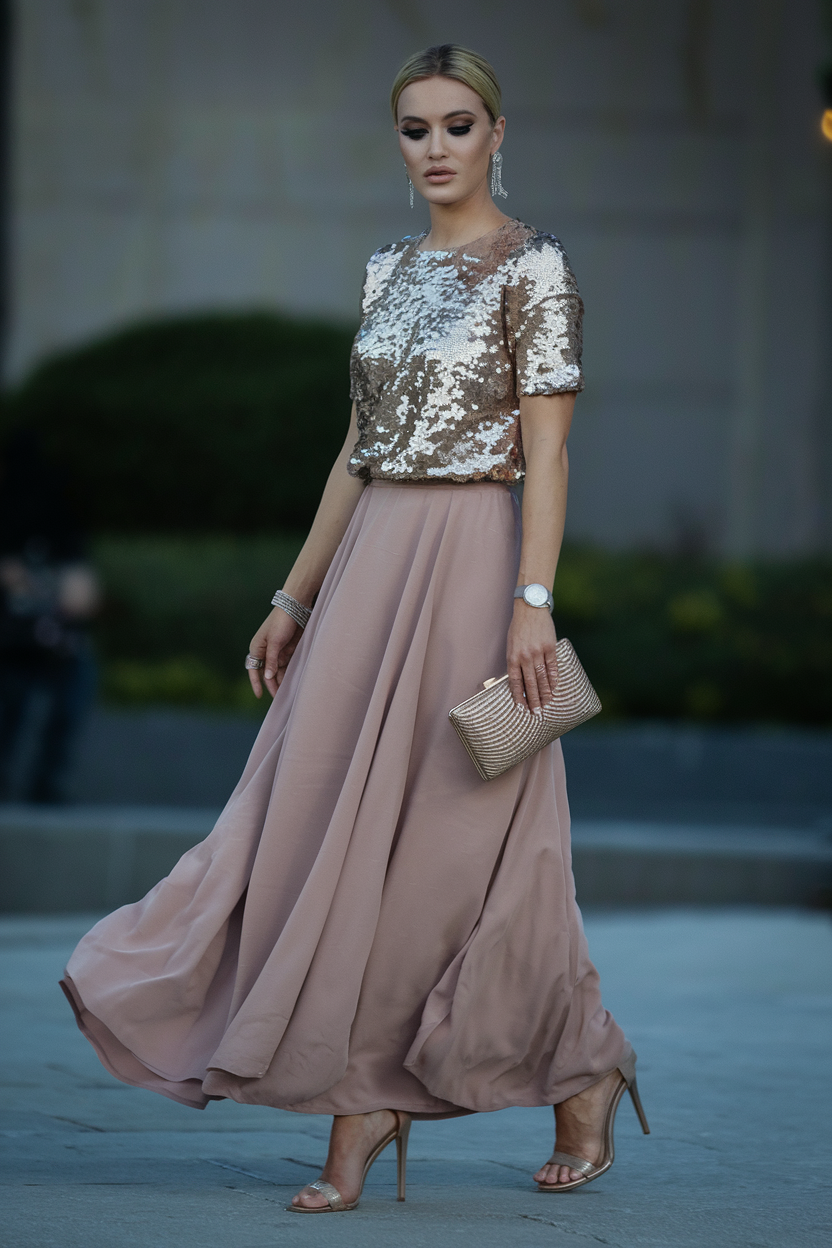 Elegant woman in sequined top and flowing skirt exudes style at formal event.