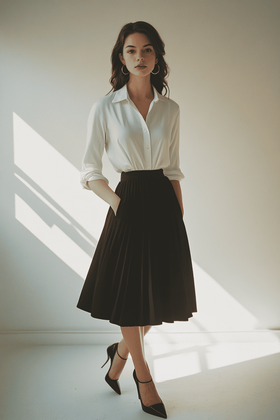 Stylish woman in white blouse and black pleated skirt posing under soft natural lighting.