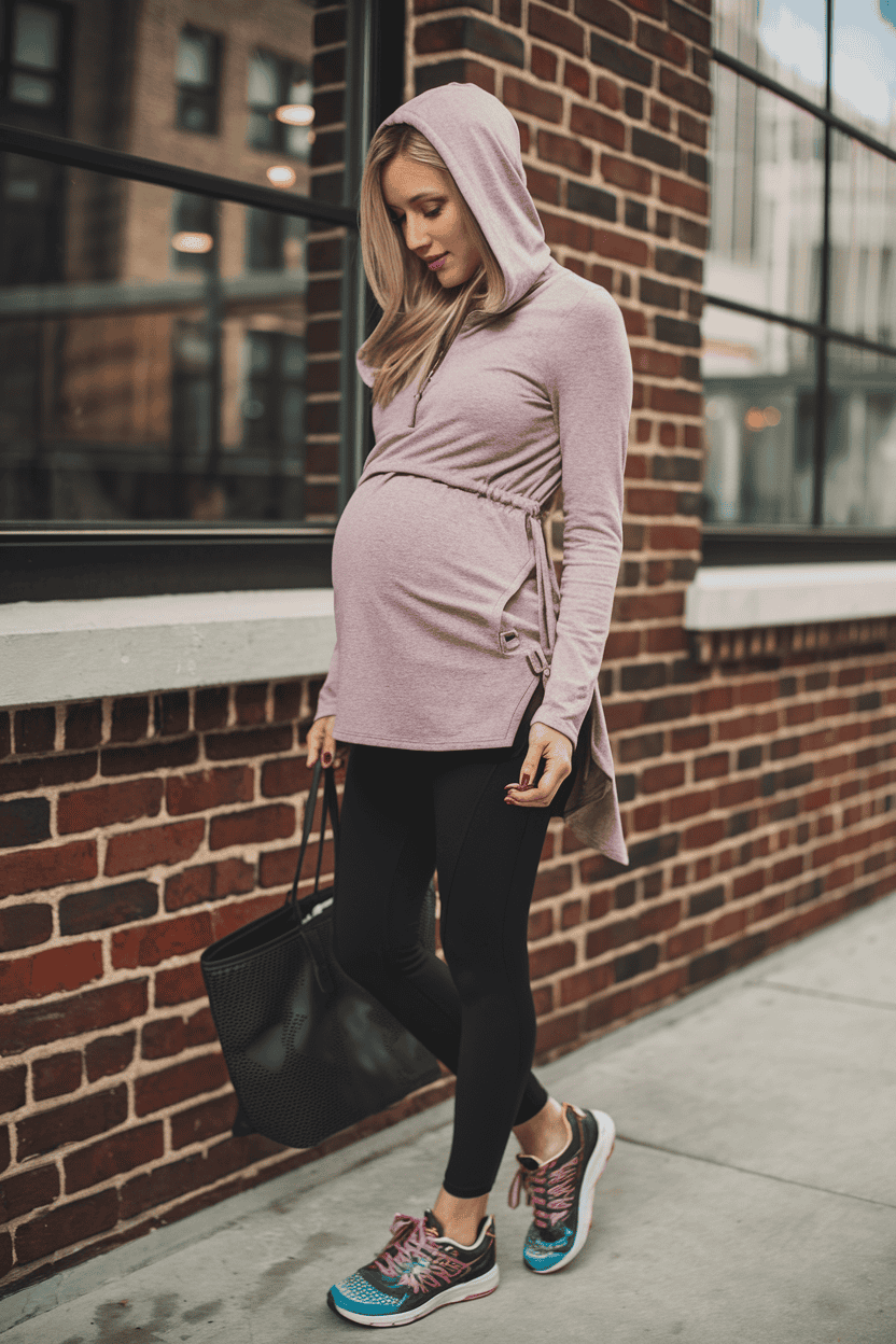 Stylish pregnant woman in urban fashion walking confidently with a tote bag and sporty sneakers.