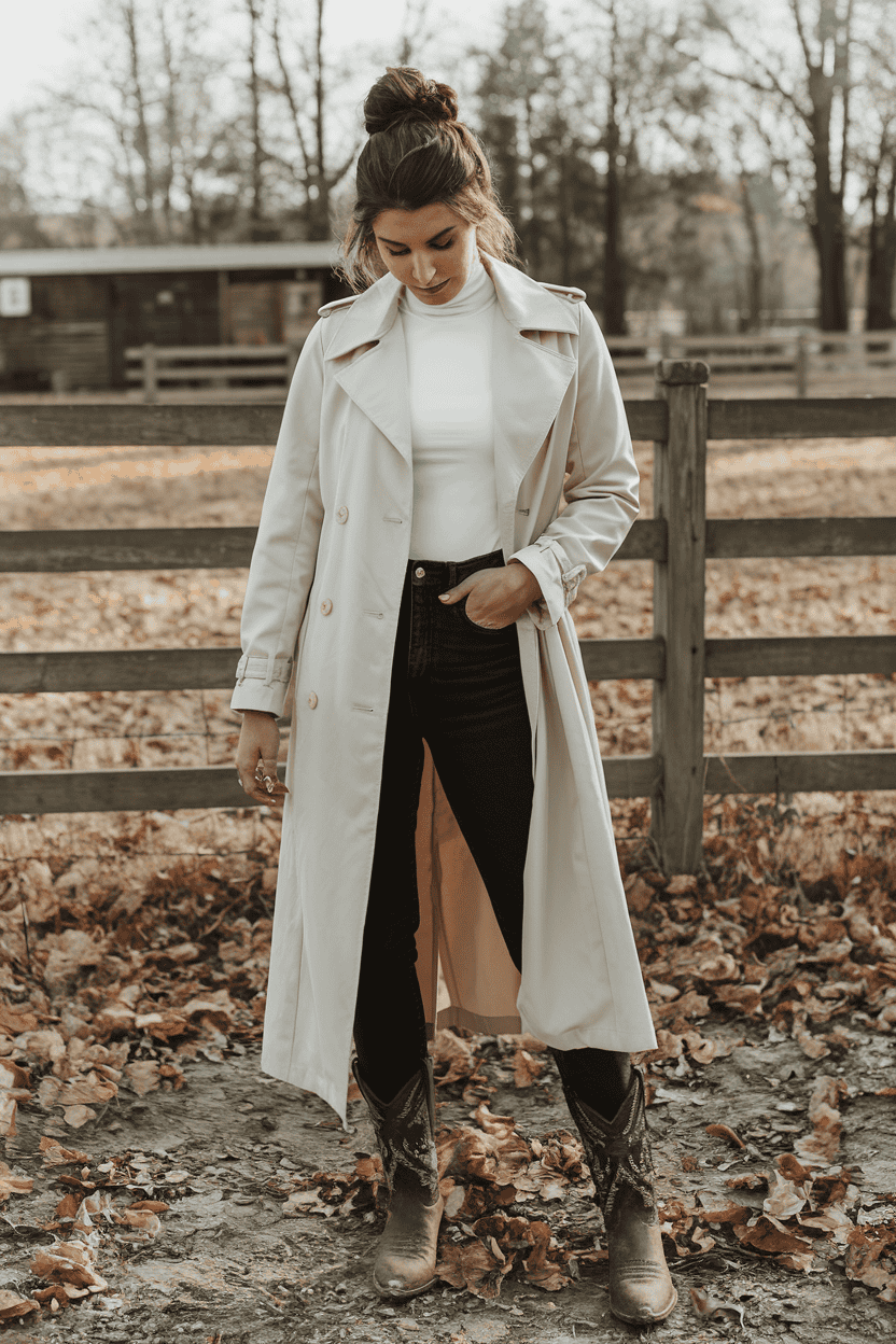 Young woman in trench coat showcases fall fashion among autumn leaves and rustic scenery.