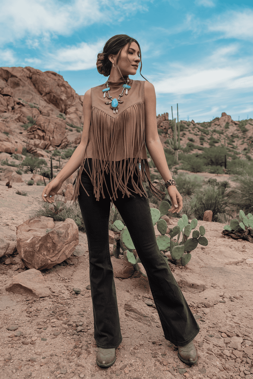 Woman in tan suede fringe top poses confidently in a desert landscape.