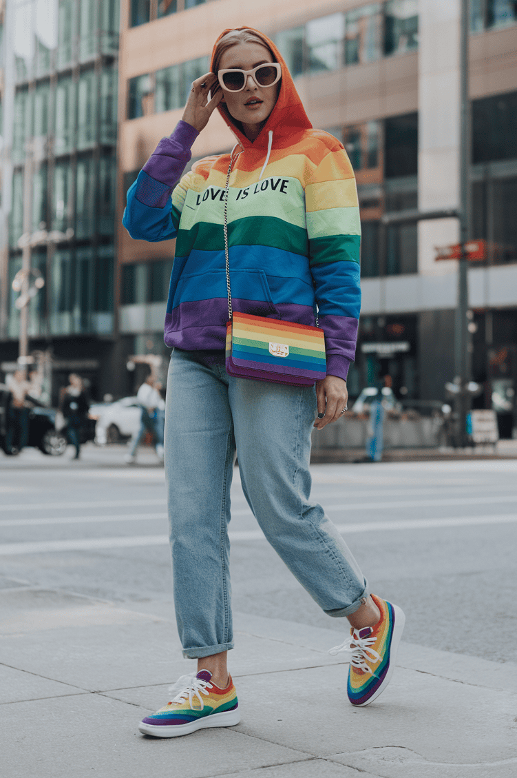 Vibrant individual in rainbow hoodie and denim jeans crossing a bustling urban street.